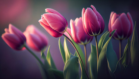 Beautiful pink tulips on a fuzzy background. Generative AI.の素材