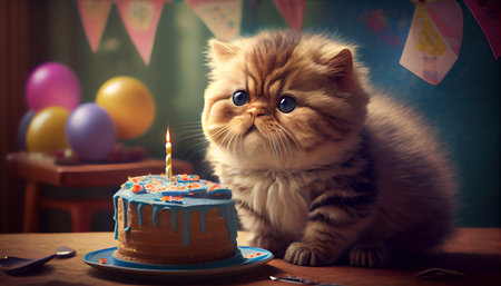 Birthday celebration for cute cat. Generative AI.の素材
