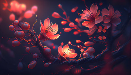3d illustration of cherry blossom tree with red flowers in the darkの素材