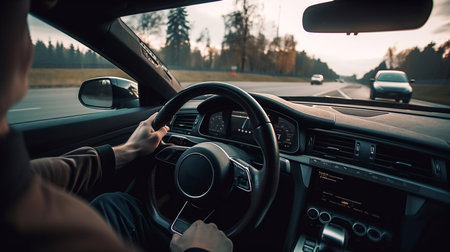 First-person car driver behind the wheel of a car. Generative AI.の素材