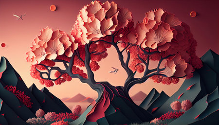 3d illustration of a tree in the mountains with a flying birdの素材