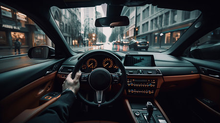First-person car driver behind the wheel of a car. Generative AI.の素材