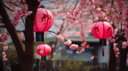 Red Chinese lanterns lit against the backdrop of a cherry blossom tree. Generative AI.の素材