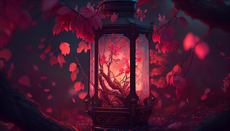 Red Chinese lantern lit against the backdrop of a blossom tree. Generative AI.の素材