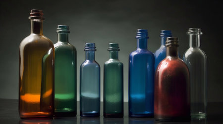 Glass bottles of different sizes and colors. Generative AI.の素材