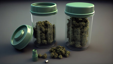 Jars of marijuana for medical use and application. flower of medical cannabis in a sealed jar, for later sale or transfer to the patient. Generative AI.の素材