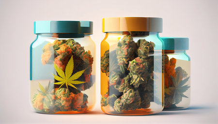 Marijuana buds in a glass jar on a white background. 3d renderingの素材
