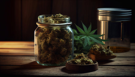 Cannabis buds in a glass jar on a wooden table.の素材