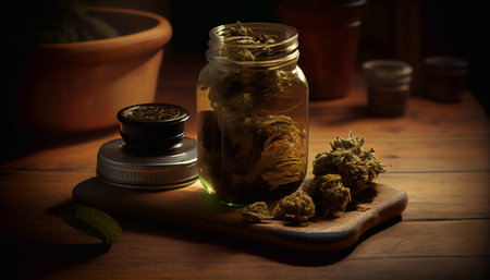 Cannabis buds in a glass jar on a wooden table.の素材