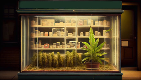A fictional store front of a pharmacy or coffee shop. Generative AI.の素材