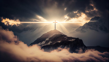 Illustration of the cross on the mountain against a background of clouds and divine light, symbolizing the death and resurrection of Jesus Christ. Generative AI.の素材