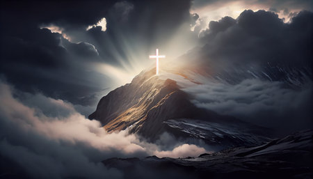 Cross of Jesus Christ in the clouds. 3d rendering. computer digital drawing.の素材