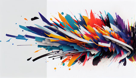 Chaotic, multicolored, splashes of paint on a white background.の素材