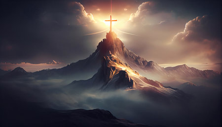 Illustration of the cross on the mountain against a background of clouds and divine light, symbolizing the death and resurrection of Jesus Christ. Generative AI.の素材