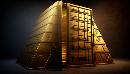 golden bars in dark room 3d rendering image. high resolution image.の素材