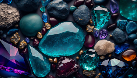 Variety of precious stones on a dark background. top view.の素材