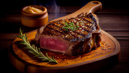 Juicy grilled steak with blood, on a dark platter. Generative AIの素材
