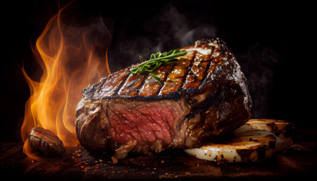 Juicy grilled steak with blood, on a dark platter.の素材