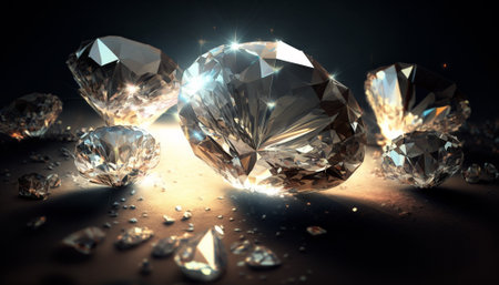 Diamonds on a dark background. 3d rendering, 3d illustration.の素材