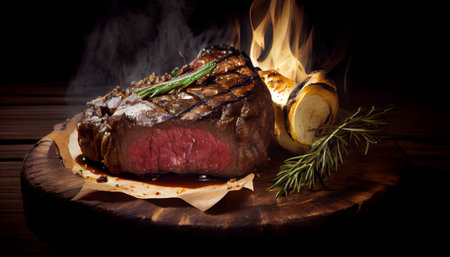 Steak with rosemary and garlic on a wooden board on a dark backgroundの素材