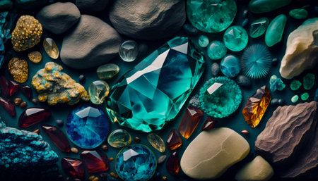 Colorful gems on stone background. top view. flat lay.の素材