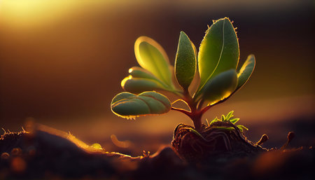 Young green plant in the morning sunlight. Concept of new life.の素材