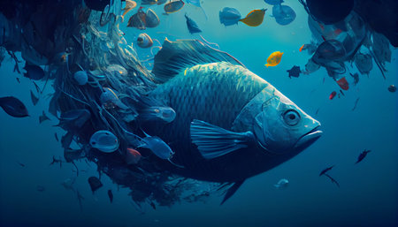 Plastic waste and trash under water among ocean dwellers. Climate change, the concept of environmental protection. Generative AI.の素材