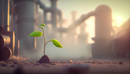 Green sprout growing from soil on industrial background. Concept of environmental protection.の素材