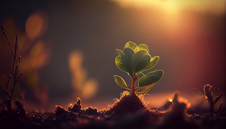 Green sprout in the soil. Concept of new life and new beginning.の素材