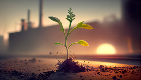 Green sprout growing from soil. Ecology concept. 3D Renderingの素材