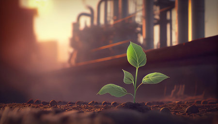 Plant growing from soil. Ecology concept. 3D Renderingの素材