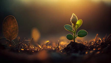 Green sprout growing in the ground with sunlight. nature concept.の素材