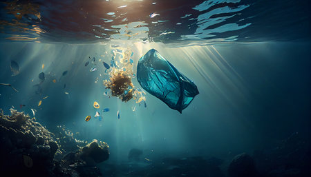 Plastic waste and trash under water in the ocean. Climate change, the concept of protecting the environment, and water resources. Generative AI.の素材