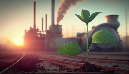 Green sprout growing from the ground in front of a power plantの素材
