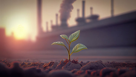 Green sprout growing from soil. global warming concept. 3D Renderingの素材