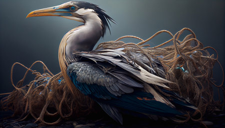 A seabird lies on fishing nets, among the garbage. The concept of protecting the environment and water resources. Generative AI.の素材