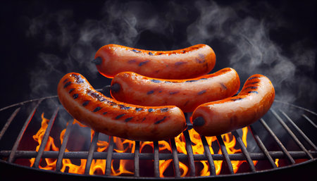Sausages on the grill. Grilled food, barbecue, barbecue. Generative AI.の素材