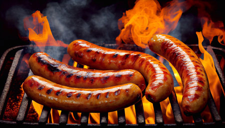Sausages on the grill. Grilled food, barbecue, barbecue. Generative AI.の素材