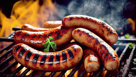 Sausages on the grill. Grilled food, barbecue, barbecue. Generative AI.の素材