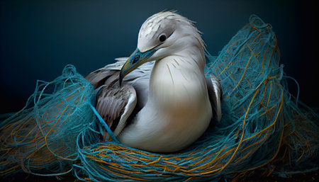A seabird lies on fishing nets, among the garbage. The concept of protecting the environment and water resources. Generative AI.の素材
