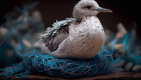 A seabird lies on fishing nets, among the garbage. The concept of protecting the environment and water resources. Generative AI.の素材