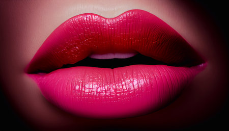 Pink lipstick on a woman's lips, close-up. Generative AI.の素材