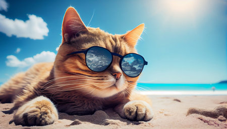 A cat in sunglasses lounging on the beach. Generative AI.の素材