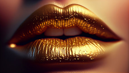 Gold lipstick on a woman's lips, close-up. Generative AI.の素材