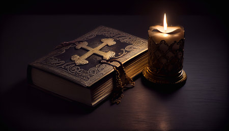 Black Bible with a cross on the cover on a table in a dark room. Generative AI.の素材