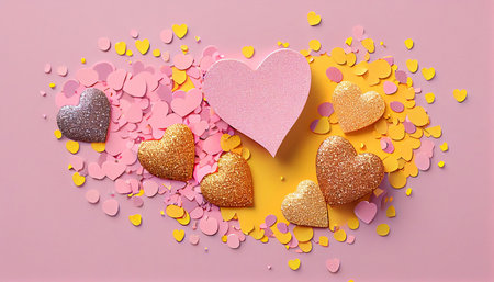 Pink and yellow hearts glitter confetti on a pink background. Generative AI.の素材