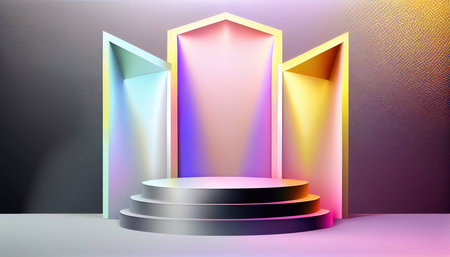 Empty geometric podium for product demonstration. Generative AI.の素材