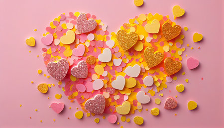 Pink and yellow hearts glitter confetti on a pink background. Generative AI.の素材