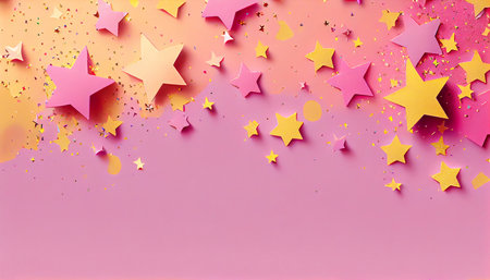 Pink and yellow stars glitter confetti on a pink background. Generative AI.の素材
