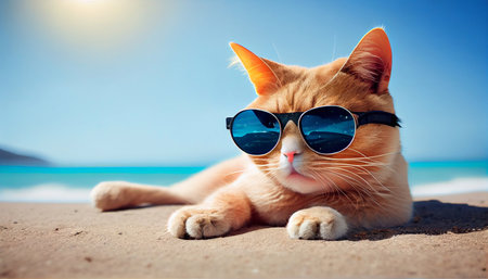 A cat in sunglasses lounging on the beach. Generative AI.の素材